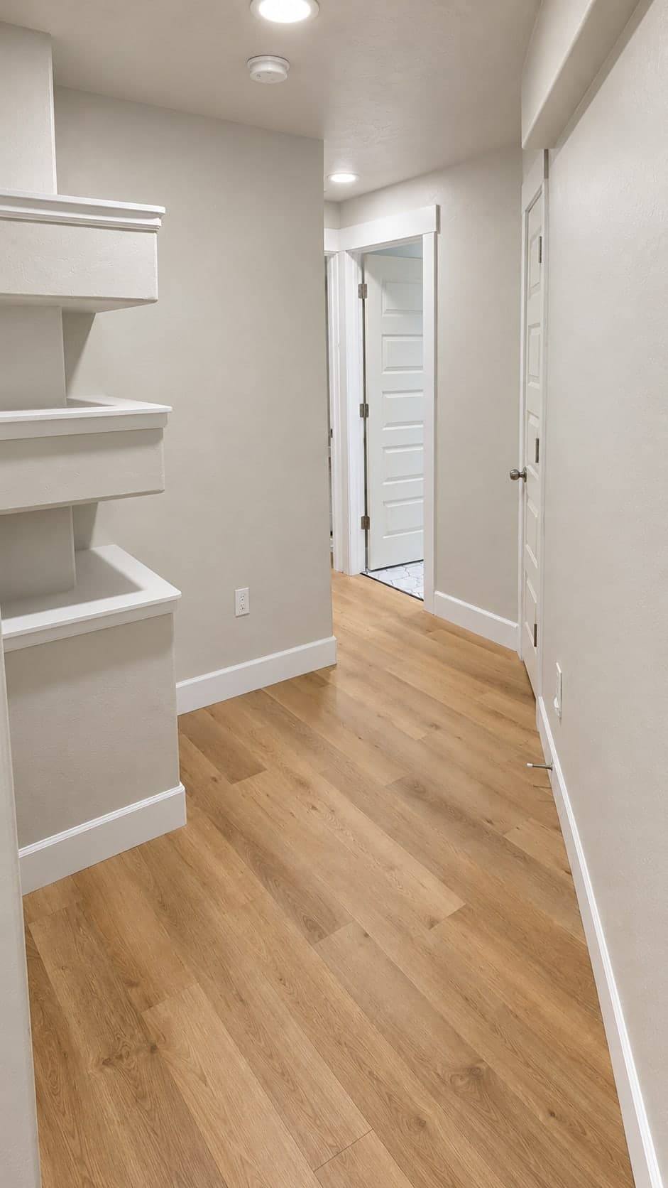 Hallway with plank flooring, stepped ledges along one wall and paneled doors at the end